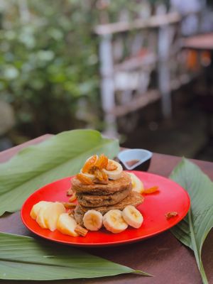 Vegan homemade oatmeal pancakes  at Ellie's Cafe in Hoi An