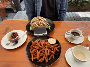 Vegan tacos and sweet potato fries with chilli Mayo. Big portions!  at Gamli Baukur in Husavik