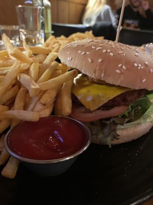 Vegan burger and fries at Gamli Baukur in Husavik