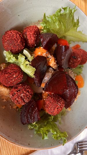 Baked beets with falafels   at Gamli Baukur in Husavik