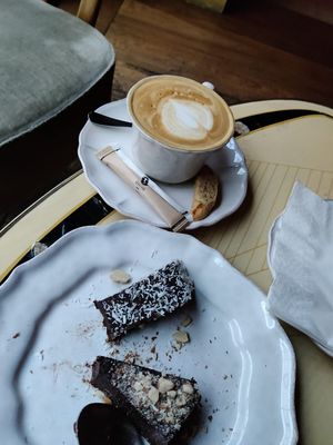 Vegan chocolate cake and capuchino with almond milk- both are great at The Kitchen in Tbilisi