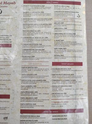 Menu at El Atrio del Mayab in Valladolid