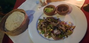 Fajitas filling with lots of tortillas! Tortillas were very thick and dense... at El Atrio del Mayab in Valladolid