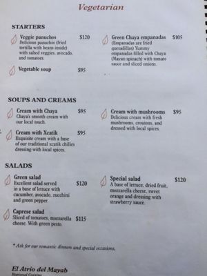 Menu at El Atrio del Mayab in Valladolid