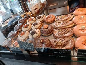 Selection of doughnuts - vegan choices available and well-displayed at The Hot Donut in Dublin