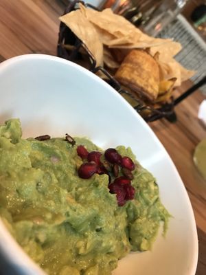 Plantain Chips and guac w Pom seeds and pepitas  at Tocaya Modern Mexican - DTLA in Los Angeles