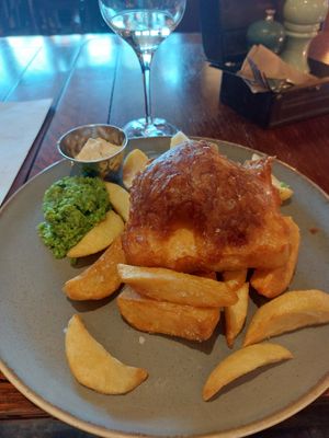 They still have the vegan fish and chips, really good at White Horse in Shrewsbury