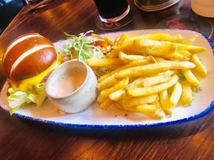 Vegan burger, fresh salad  at White Horse in Shrewsbury