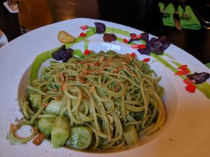 Pasta with asparagus and wild garlic pesto at Frenzen in Moenchengladbach