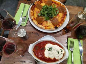 Delicious textures in the pizza and lasagna. The wine is good too at Bulldog Vegan in Paris