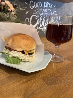 Vegan Hamburger and Pour Over iced  at alt. coffee roasters in Kyoto