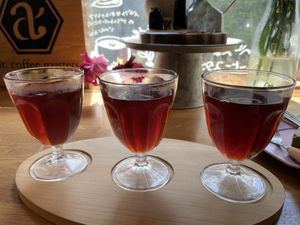 “Coffee Flight” tasting plate (left to right: Honduras, Burundi, Ethiopia)   at alt. coffee roasters in Kyoto