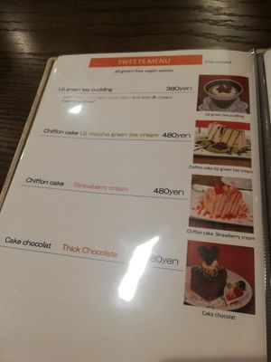 Menu of cakes at Ippuku Cafe in Kyoto