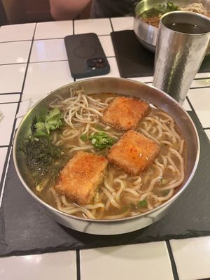 This is the tofu ramen, it didn’t list egg  but I asked if it’s vegan and she said they can make it vegan! This was such a good flavor. No fishy taste  at Panda Cantina - Rua da Prata in Lisbon