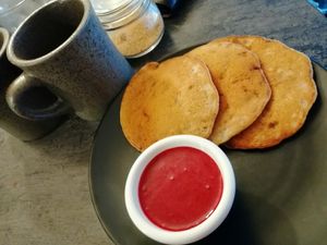 Batch brew and vegan pancakes with raspberry jam at Budapest Baristas in Budapest