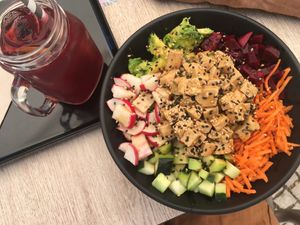 Vegan poke bowl and hibiscus tea at Poké Lagos in Lagos
