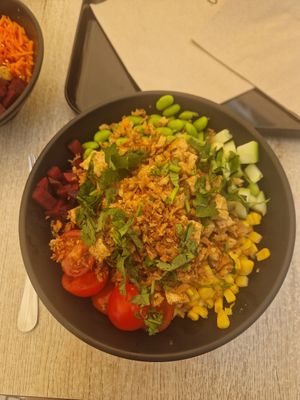 Large bowl - tofu, edamame, beetroot, cucumber, sweetcorn, crunchy onions and coriander at Poké Lagos in Lagos