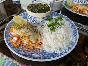Lunch of Persian celery stew, rice, and carrot salad with avocado dressing at Persian House in Mindo