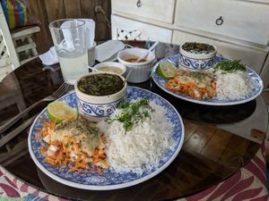 Delicious Persian food with vegan avocado sauce and aji. at Persian House in Mindo