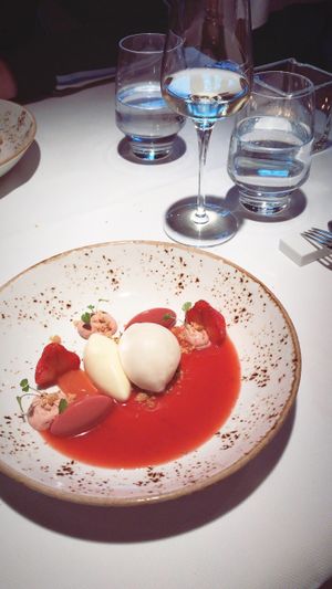 Dessert: rhubarb and strawberry in various forms. With sorbet ice cream, panna cotta and a crumble.  at TOV in Schagen