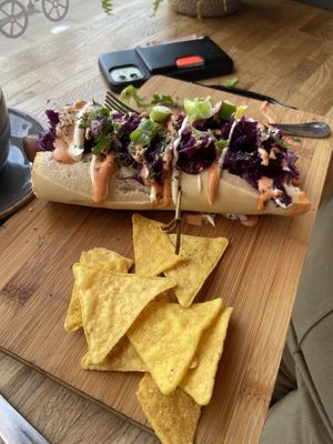 “overloaded” hot dog   at Bio Cafe in Aberdeen