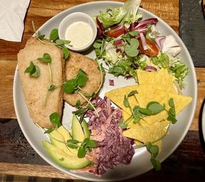 Fishless burgers (no bun) with tartar sauce and side salad  at Bio Cafe in Aberdeen