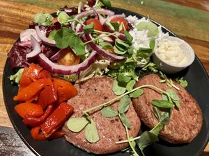 The Good Father (salad instead of bun)  at Bio Cafe in Aberdeen