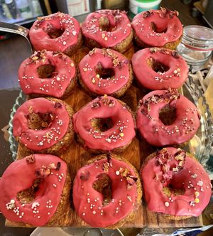 Look at these pink doughnuts !  at Bio Cafe in Aberdeen