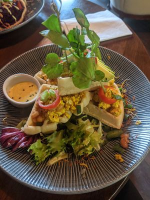 Scrambled tofu and baked bean waffle 🤤 at Bio Cafe in Aberdeen