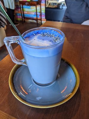 Lavender oat milk latte, one of the more unusual offerings but it's so unusual it works! at Bio Cafe in Aberdeen