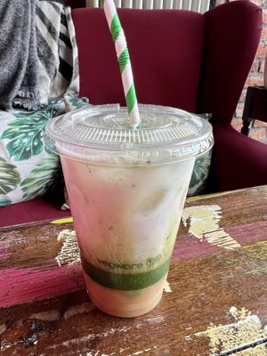 Peach 🍑 matcha for takeout  at Bio Cafe in Aberdeen