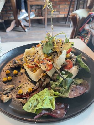 Savoury breakfast waffle  at Bio Cafe in Aberdeen