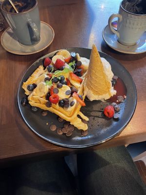 The signature waffles   at Bio Cafe in Aberdeen