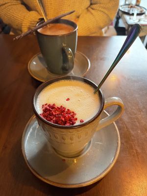 White chocolate and raspberry hot chocolate , and dark hot chocolate   at Bio Cafe in Aberdeen
