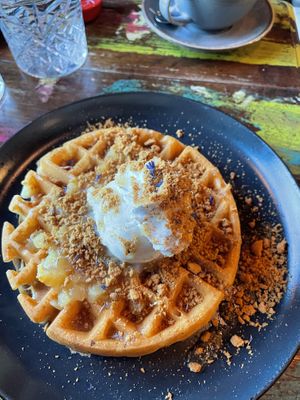 Delicious caramel apple waffle  #Veganuary at Bio Cafe in Aberdeen