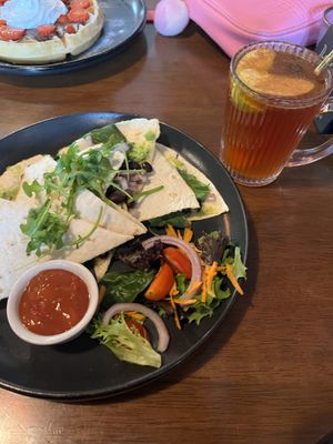 Quesadilla, apple tea and strawberry wafflees  at Bio Cafe in Aberdeen