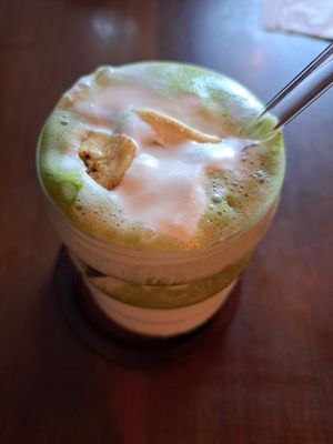 Banana cream matcha latte at Bio Cafe in Aberdeen