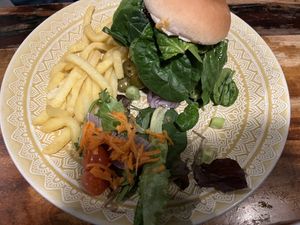 Jackfruit burger & fries - today’s special   at Bio Cafe in Aberdeen