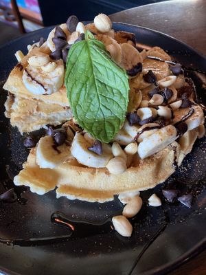 Peanut butter and banana waffles  at Bio Cafe in Aberdeen
