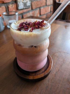Rose cold-foam latte at Bio Cafe in Aberdeen