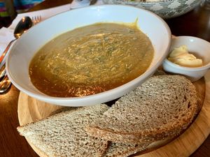Soup of the day: lentil & sweet potato  at Bio Cafe in Aberdeen