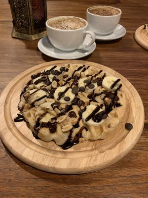 Banana, peanut butter and chocolate waffles.  at Bio Cafe in Aberdeen