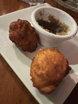 Black-eyed pea fritters with habanero sauce   at Mansa Kunda in Takoma Park