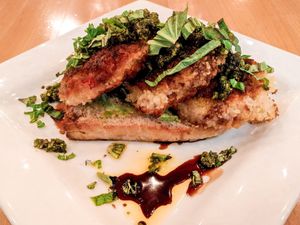 Fried Tomato Toast including Garlic Rubbed Avocado Toast, Fried Tomato, Pine  Nut Boursin, Basil, Olive Oil, Balsamic  at La Boca Wood Fired Pizzeria in Burlington
