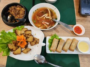 Lotus seeds and mushrooms shreddes rice. Sour sweet mushroom soup. Grilled lion mane mushrooms. Fruit spring rolls at Tam Chay - Do Duc Duc in Hanoi