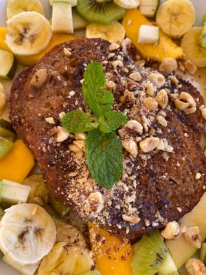 Vegan French toast & fruits at Tierra in Tenerife