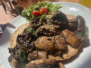 Mushrooms on toast with spinach.   at Tierra in Tenerife