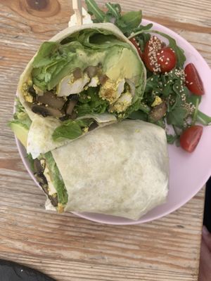Vegan breakfast wrap - scrambled tofu mushrooms and avocado   at Tierra in Tenerife