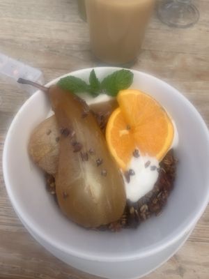 Poached pear and cocoa granola   at Tierra in Tenerife