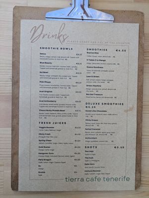 Drinks menu at Tierra in Tenerife